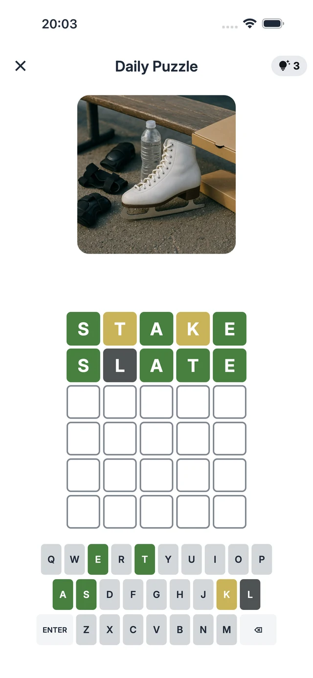 The daily puzzle: a photo of a white ice skate above a grid of guesses, with STAKE and SLATE narrowing in on the answer.