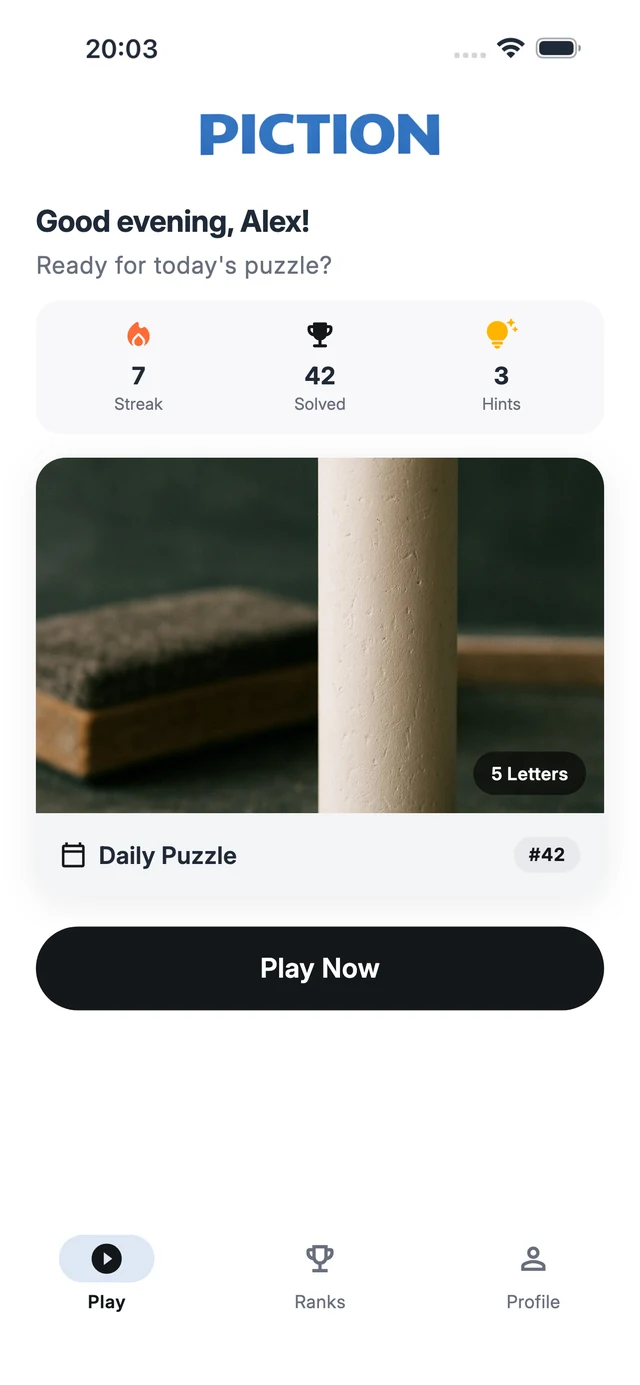The home screen showing the streak, wins and hints, with today's puzzle and a Play button.