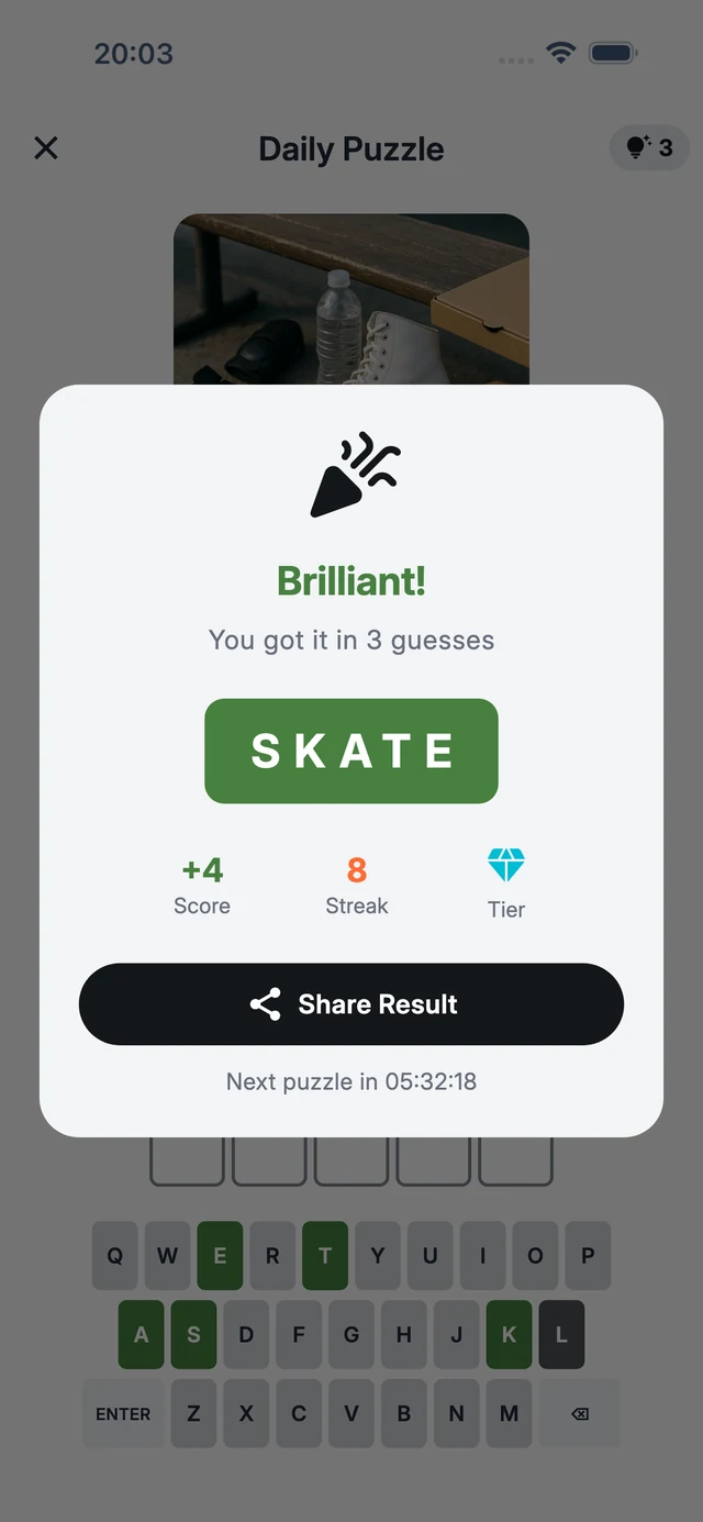 The win screen showing the solved word SKATE, the score, and a button to share the result.